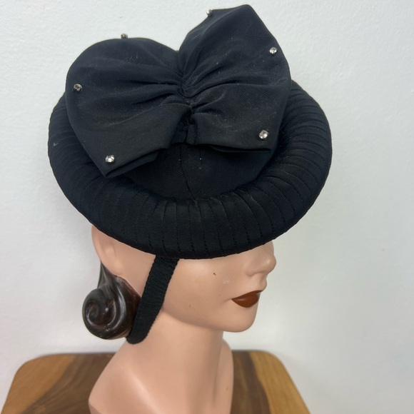 1940’s Vintage Black Faille Rhinestone Butterfly Women's Tilt Beret Cocktail Hat - Picture 15 of 16